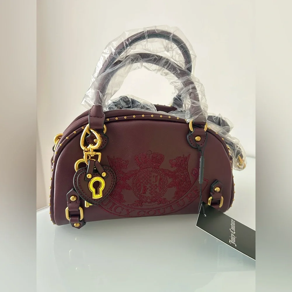 Juicy Couture UK burgundy leather Scottie Dog crest Bowler Bag Wallet Set